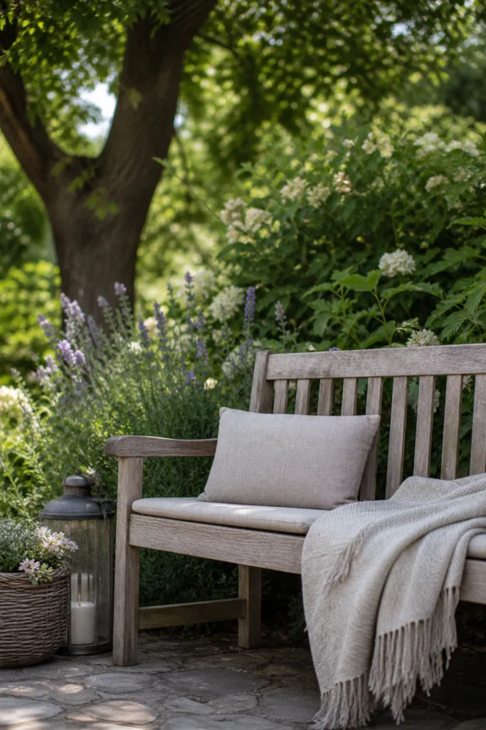 Gartenbank Deko im Mai mit Pflanzen, Kissen und natürlicher Einbindung im Garten
