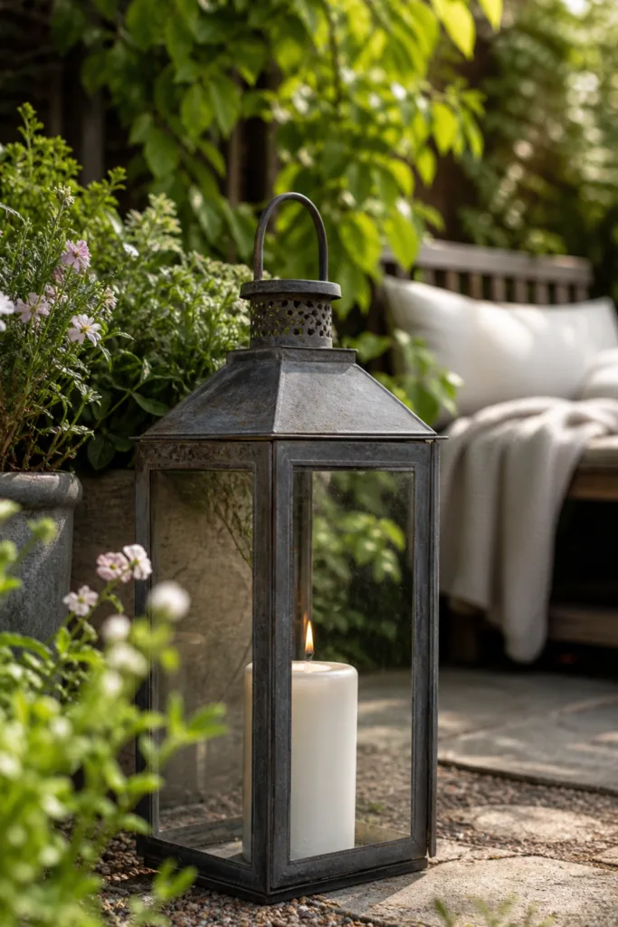 Gartendeko im Mai Fehler: zu viele Deko Elemente im Garten mit Laterne im Fokus