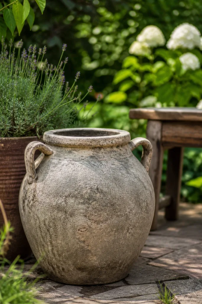 Gartendeko im Mai mit Tonkrug, natürlichem Material im Garten harmonisch integriert