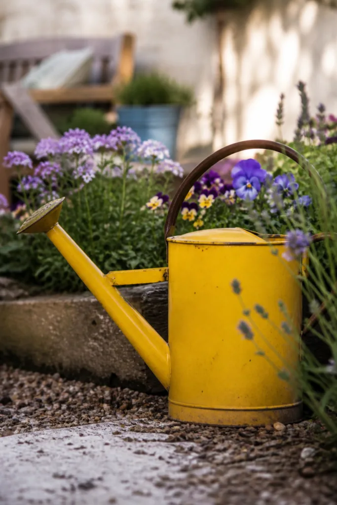 Garten Deko im Mai Fehler: Gelbe Gießkanne konkurriert mit bunten Blumen im Beet