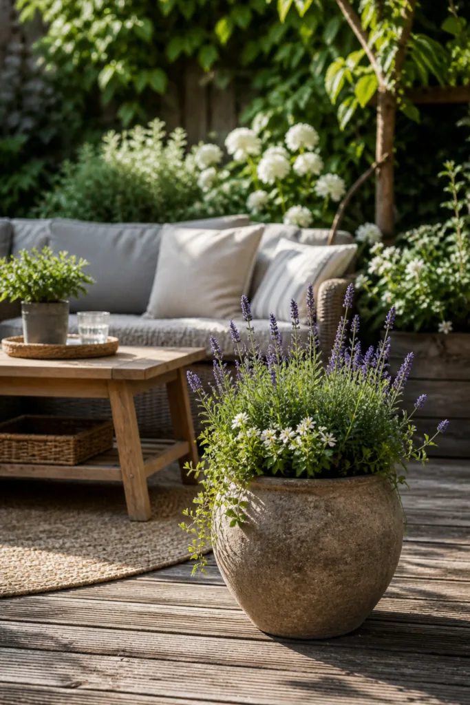Gartendeko im Mai mit funktionalem Pflanzkübel auf Terrasse neben Sitzbereich natürlich integriert