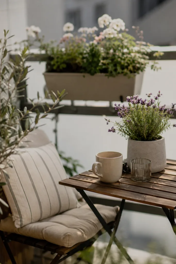 Kleiner Balkon im Mai mit harmonischen Farben, Holzmöbeln und gemütlicher Balkondeko