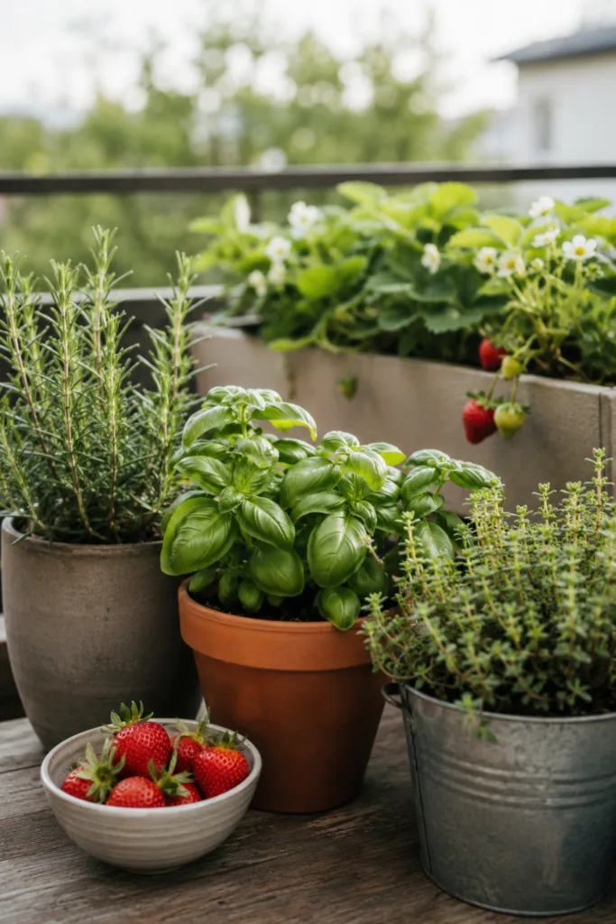 Kleiner Balkon im Mai mit Kräutern, Erdbeeren und dekorativen Pflanzgefäßen im Tageslicht