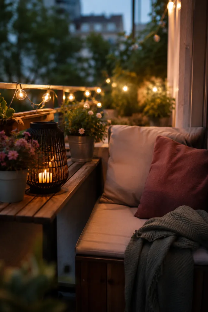 Balkon Deko im Mai mit warmem Licht, Textilien und gemütlicher Abendstimmung
