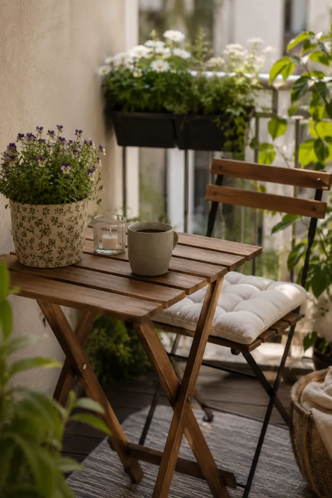 Kleine Balkon Deko im Mai mit klappbaren Holzmöbeln und gemütlicher Balkongestaltung.