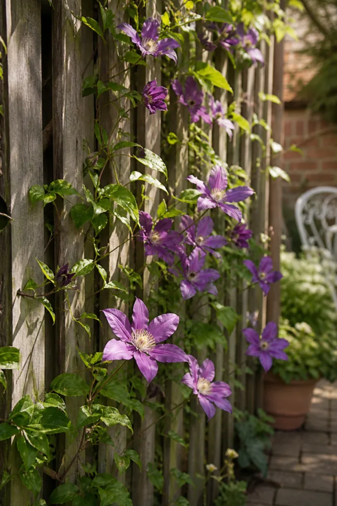 Gartenzaun Deko im Mai mit Rankpflanzen wie Clematis an Holzzaun in natürlicher Gartenszene