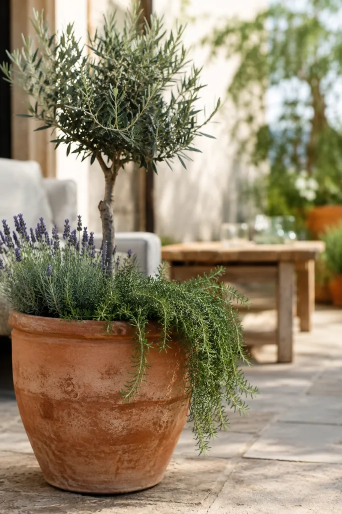 Mediterrane Pflanzkübel Deko im Mai mit Lavendel, Rosmarin und Olivenbaum auf sonniger Terrasse