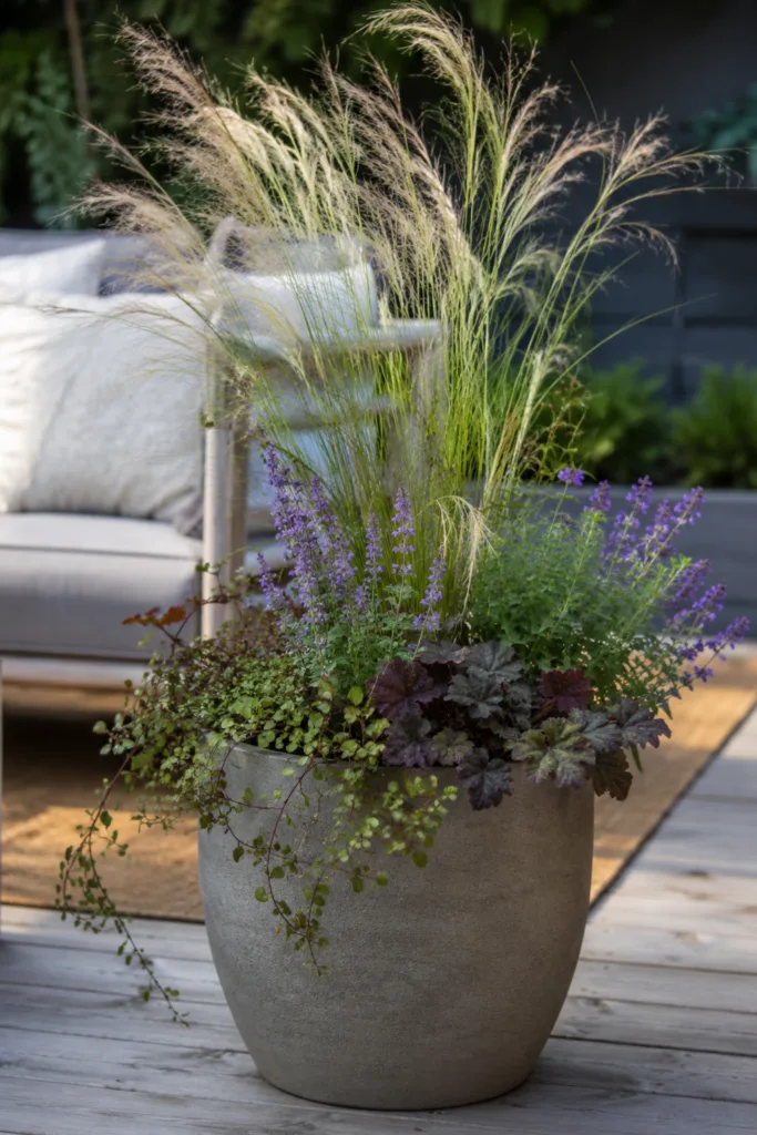 Pflanzkübel Deko im Mai mit Gräsern und Wildstauden auf moderner Terrasse.