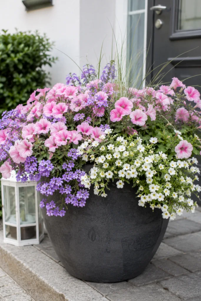 Üppige Pflanzkübel Deko im Mai mit Petunien und Blüten am Hauseingang.