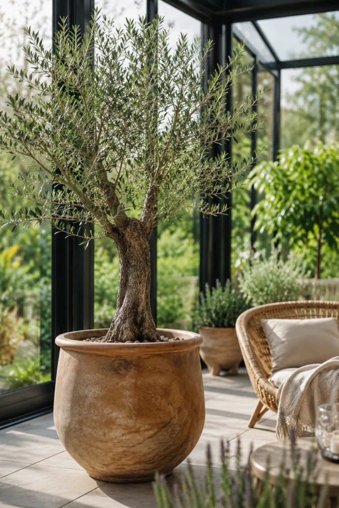5 wunderschöne Ideen für deine Wintergarten Deko im Mai Wintergarten Deko im Mai mit Olivenbaum im Terrakottatopf und natürlichem Tageslicht