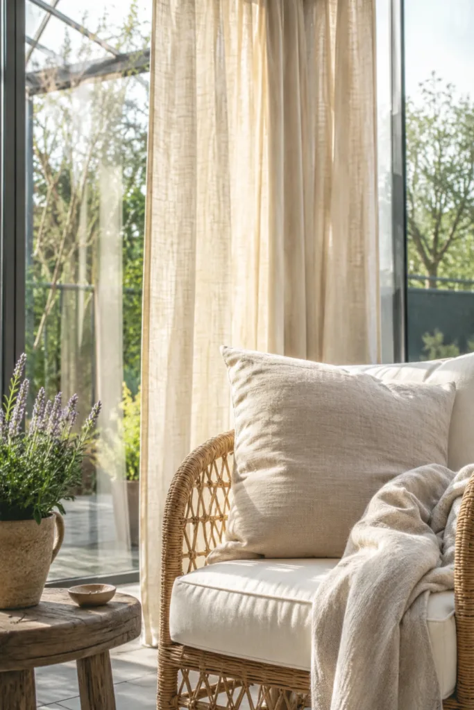 5 wunderschöne Ideen für deine Wintergarten Deko im Mai Wintergarten Deko im Mai mit Leinenstoffen, hellem Sessel und natürlichem Tageslicht.