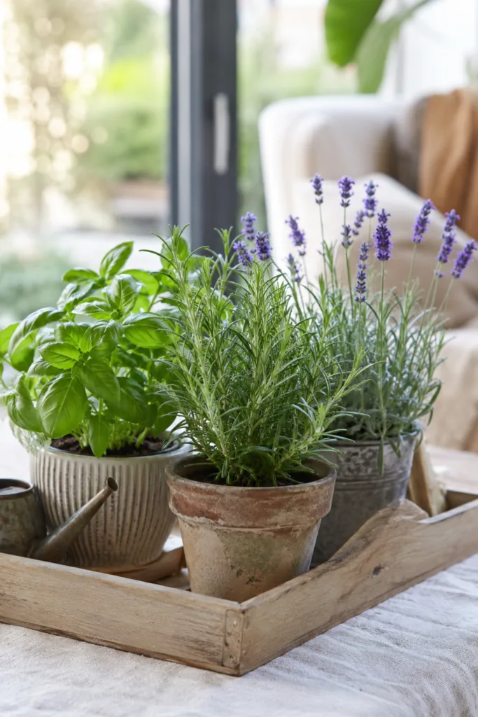 5 wunderschöne Ideen für deine Wintergarten Deko im Mai Kräuter als Wintergarten Deko im Mai mit Lavendel, Basilikum und Rosmarin im Tageslicht