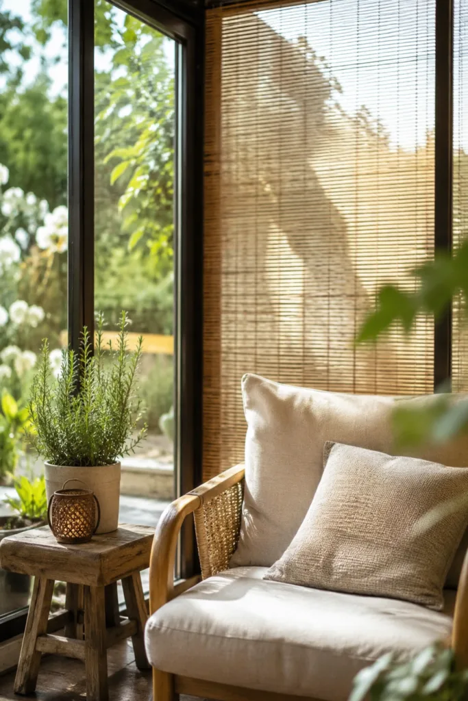 5 wunderschöne Ideen für deine Wintergarten Deko im Mai Helle Wintergarten Deko im Mai mit Bambusrollos, Leinenkissen und weichem Tageslicht