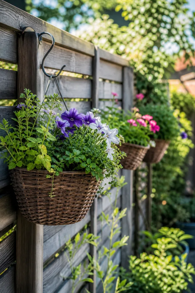 Gartenzaun Deko im Mai mit hängenden Pflanzgefäßen und blühenden Petunien am Holzzaun
