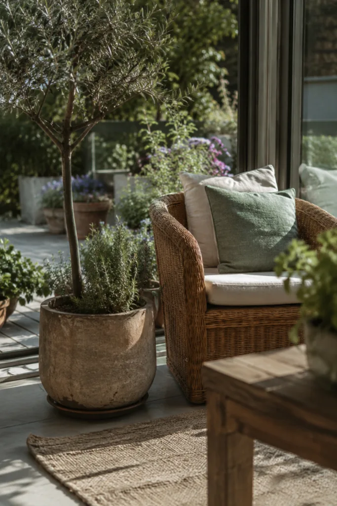 5 wunderschöne Ideen für deine Wintergarten Deko im Mai Wintergarten Deko im Mai mit Olivenbaum, Rattansessel und natürlichem Übergang zum Garten