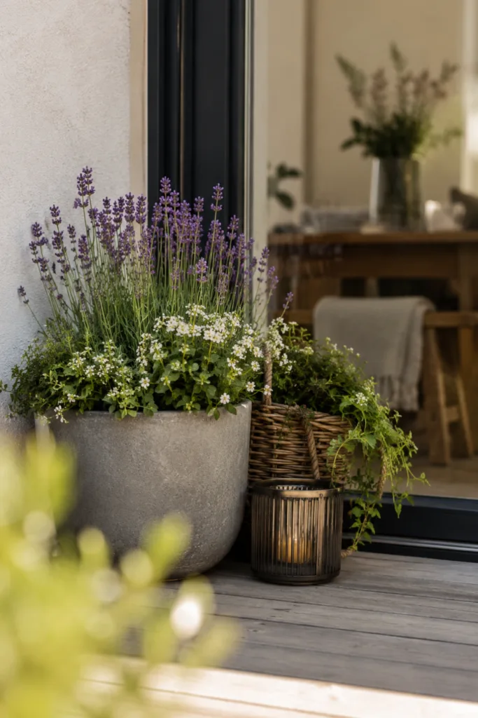 Terrassentür Deko im Mai mit Lavendel, Pflanzkübeln und gemütlicher Terrassenatmosphäre