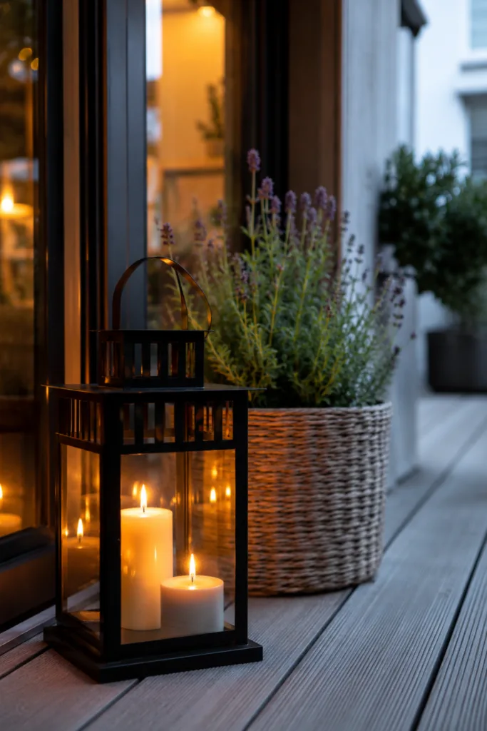 Terrassentür Deko im Mai mit Laternen, warmem Licht und bepflanztem Korb auf Terrasse.