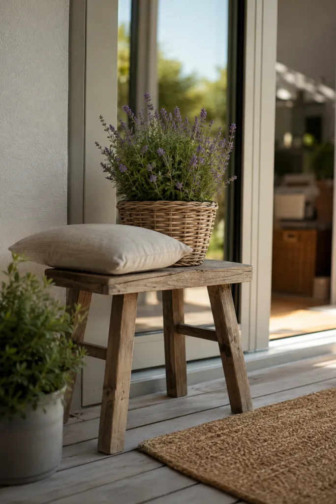 Terrassentür Deko im Mai mit Holzbank, Lavendel und natürlicher Frühlingsgestaltung