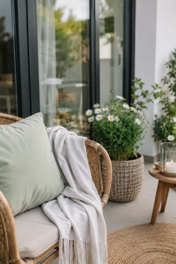 Terrassentür Deko im Mai mit Textilien, Pflanzen und natürlichen Frühlingsfarben auf der Terrasse