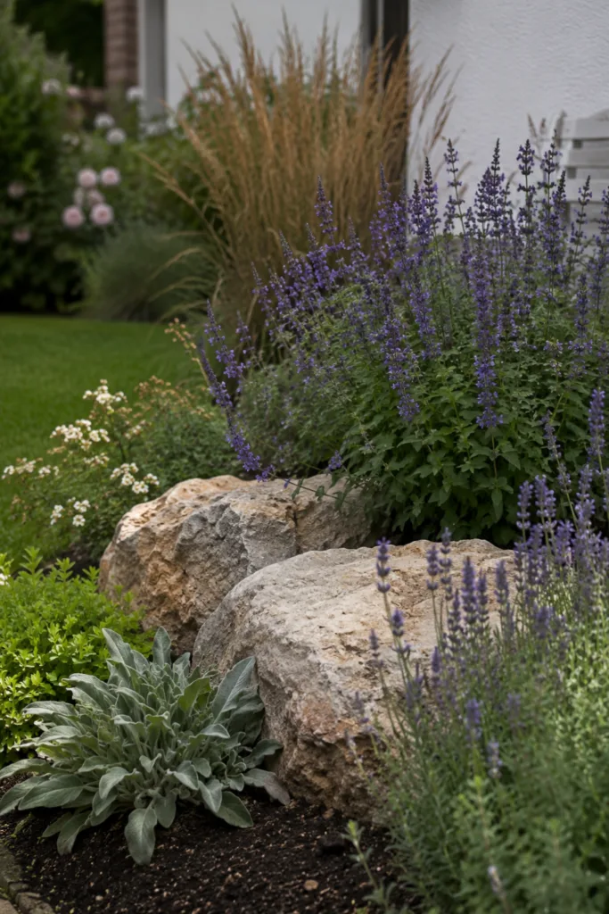Gartendeko mit Steinen als Natursteininseln zwischen Lavendel, Gräsern und Stauden im Beet.