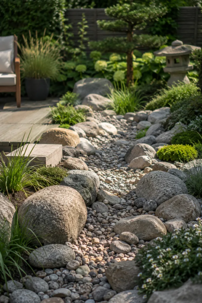Gartendeko mit Steinen: Trockener Bachlauf mit Natursteinen und Kies im modernen Garten