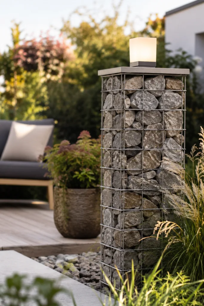 Gartendeko mit Steinen: Moderne Gabionensäule als Höhenstruktur neben Terrasse und Ziergräsern