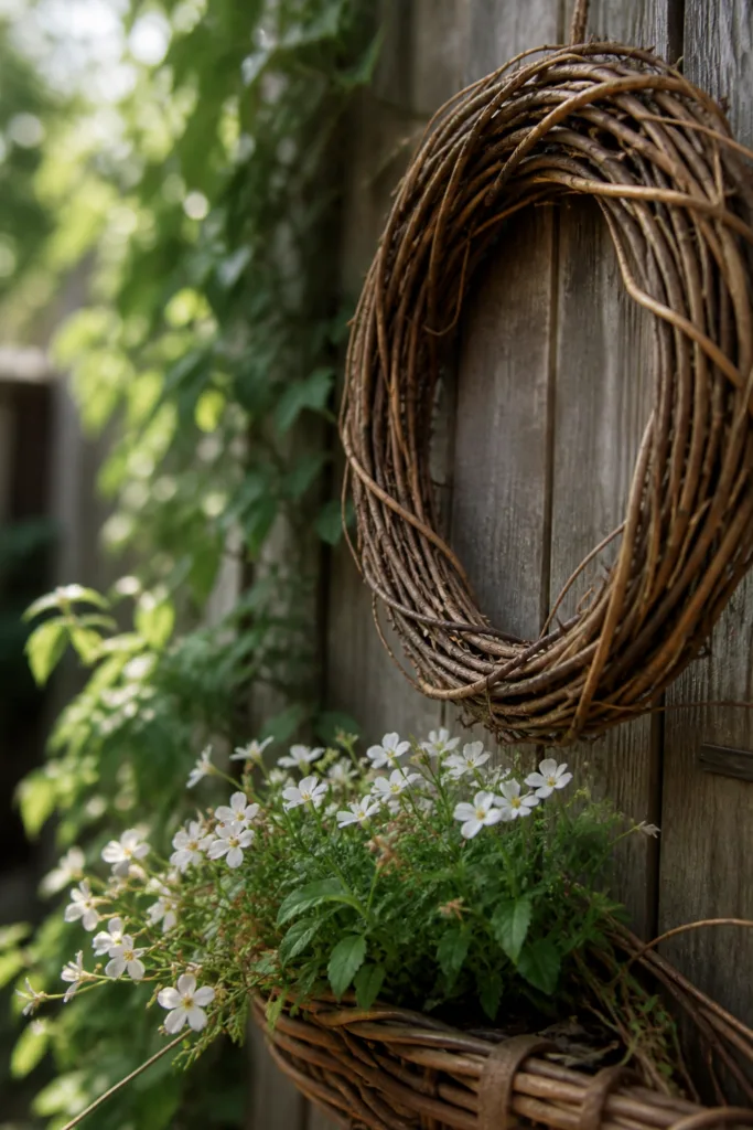 Gartenzaun Deko im Mai mit Weidenkranz und Holz im natürlichen Gartenstil