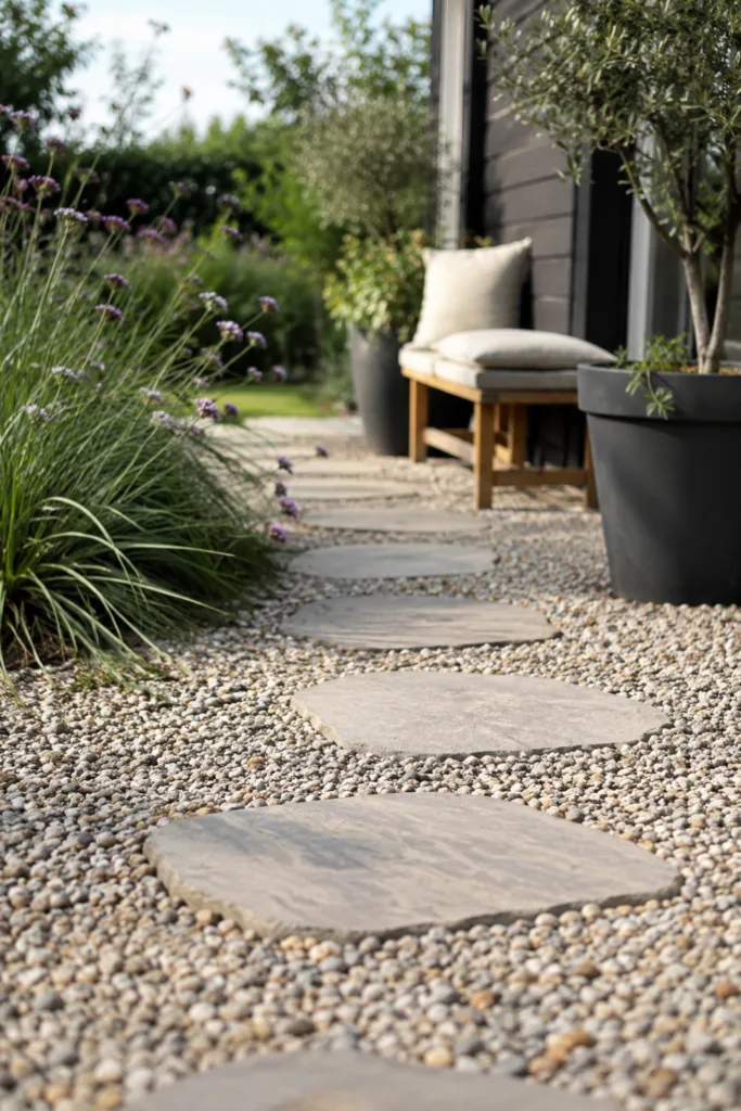 Gartendeko mit Steinen: Kiesfläche mit Trittsteinen und bepflanztem Gartenweg im modernen Garten