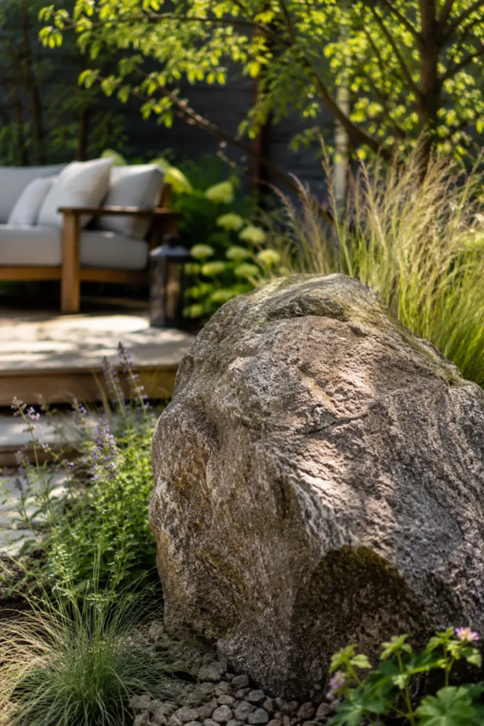 Gartendeko mit Steinen: großer Findling als natürlicher Blickpunkt im modern gestalteten Garten