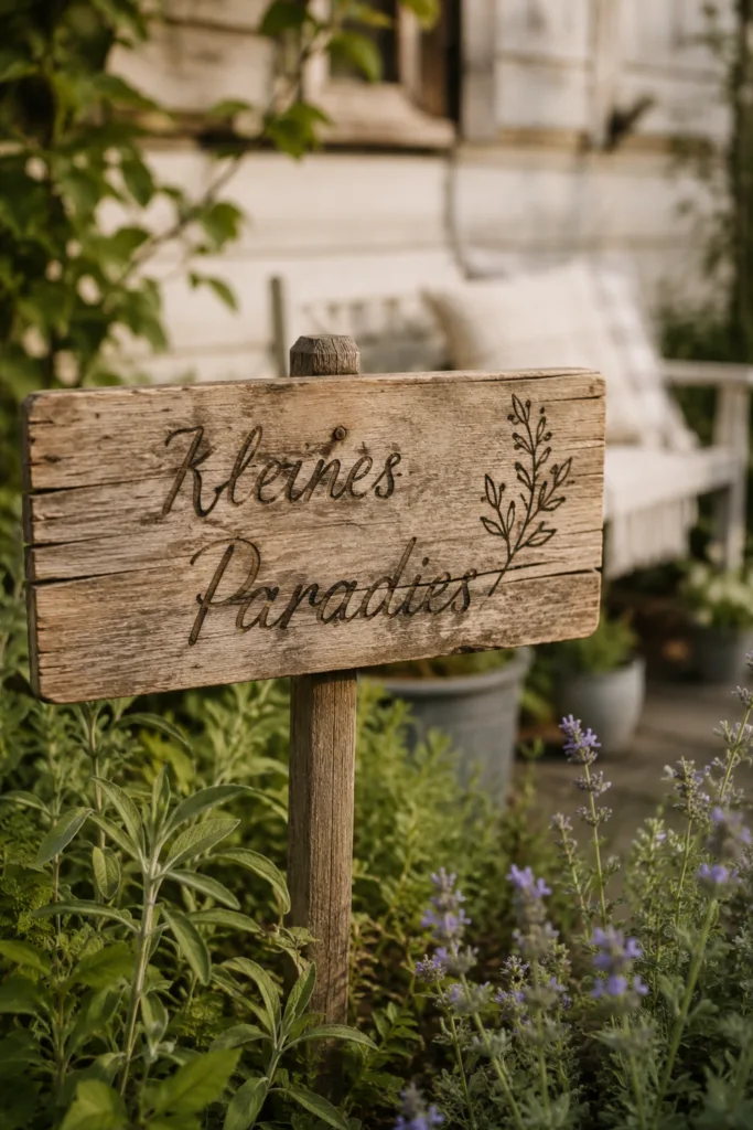 Verwittertes Holzschild als Gartendeko aus Holz zwischen Lavendel und Kräutern im Garten