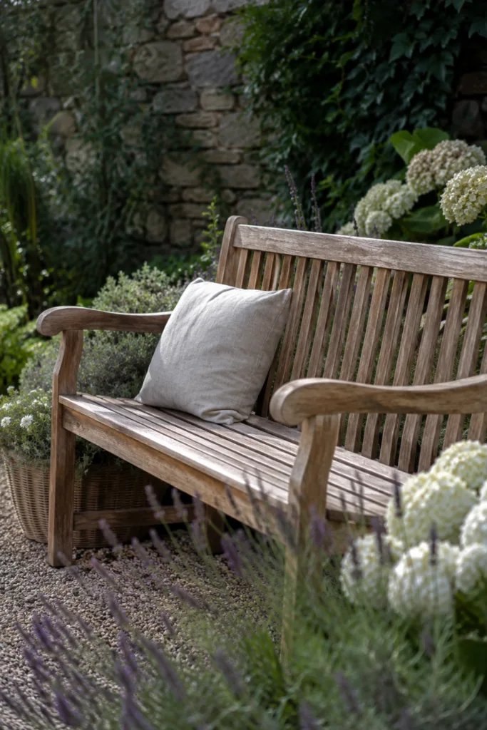 Gartendeko aus Holz mit dekorativer Holzbank zwischen Lavendel und Hortensien im Garten