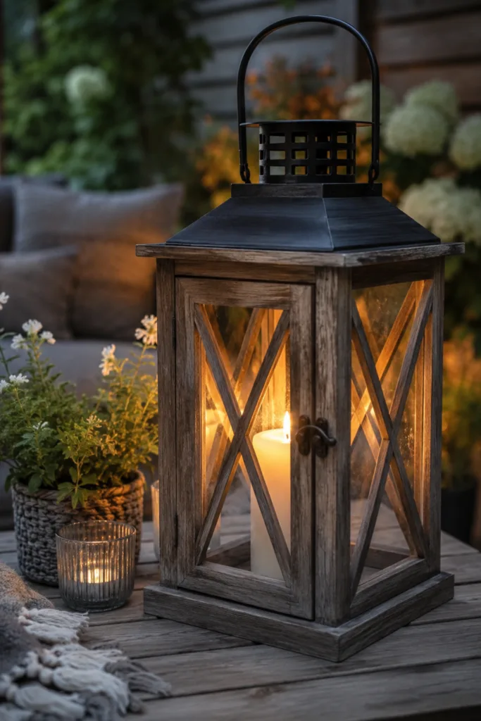Gartendeko aus Holz mit Holzlaternen und Windlichtern auf gemütlicher Terrasse am Abend.
