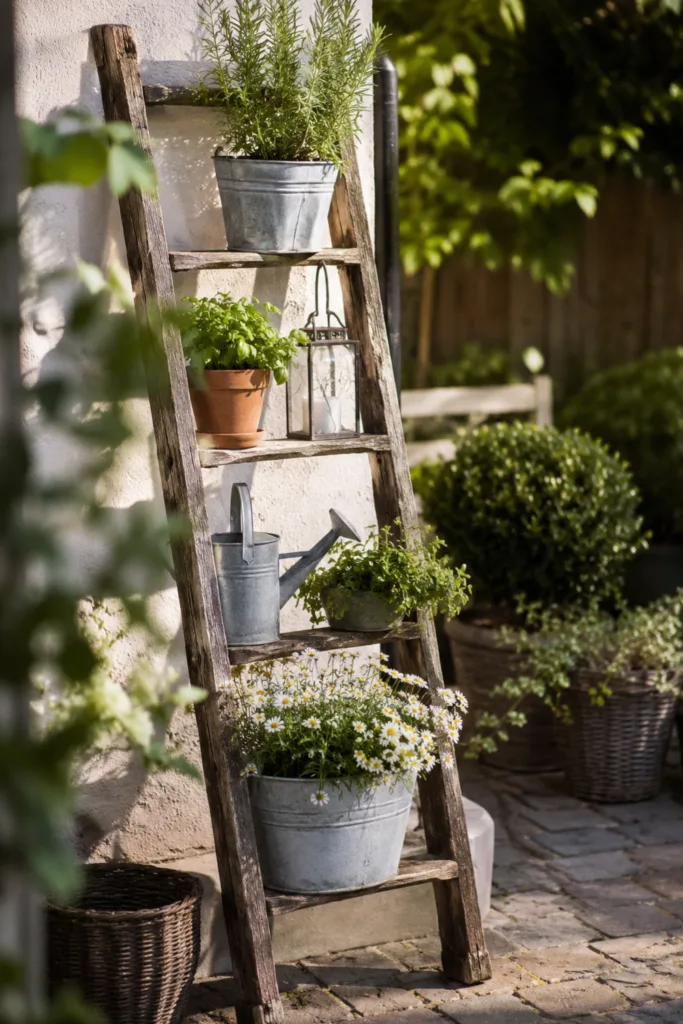 Gartendeko aus alten Sachen mit Holzleiter, Kräutern und alten Zinkgefäßen im Garten