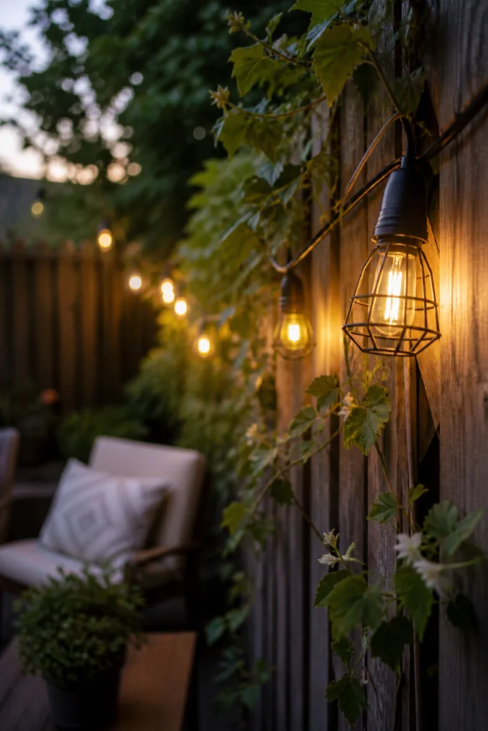 Gartenzaun Deko im Mai mit warmem Licht, Lichterkette und Rankpflanzen am Holzzaun