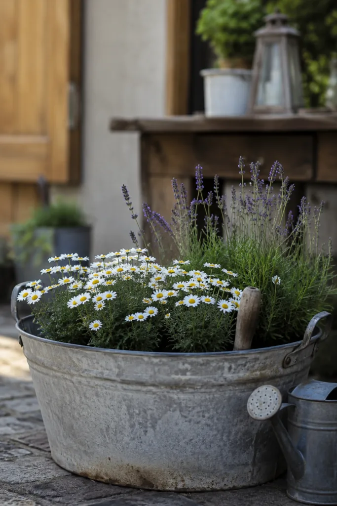 Gartendeko aus alten Sachen mit bepflanzter Zinkwanne, Lavendel und weißen Margeriten im Garten
