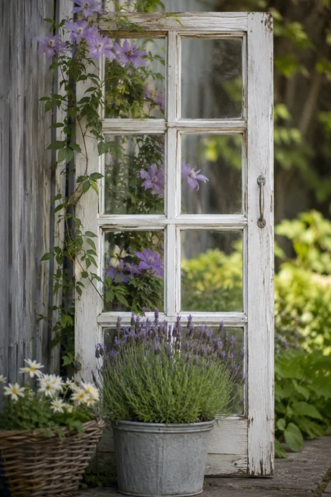 Gartendeko aus alten Sachen mit altem Fenster, Lavendel und Kletterpflanzen im Garten