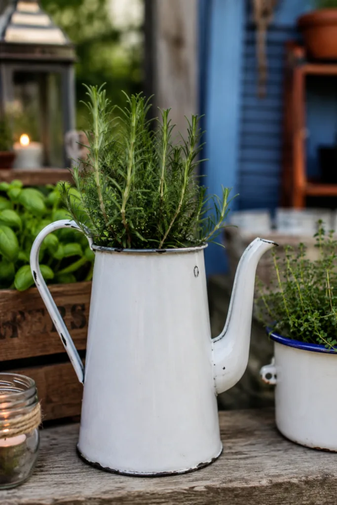 Gartendeko aus alten Sachen mit Emaillekanne und Kräutern auf rustikalem Holztisch.