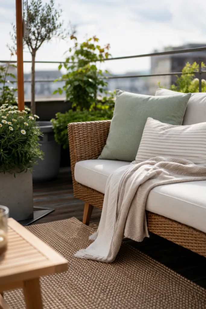 Großer Balkon im Mai mit Outdoor Teppich, Kissen, Pflanzen und gemütlicher Balkon Deko