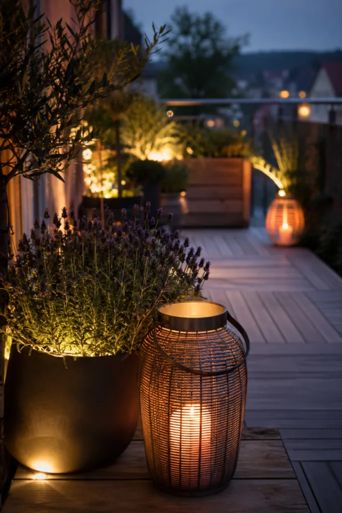 Großer Balkon im Mai mit warmer Beleuchtung, Pflanzen und gemütlicher Abendstimmung
