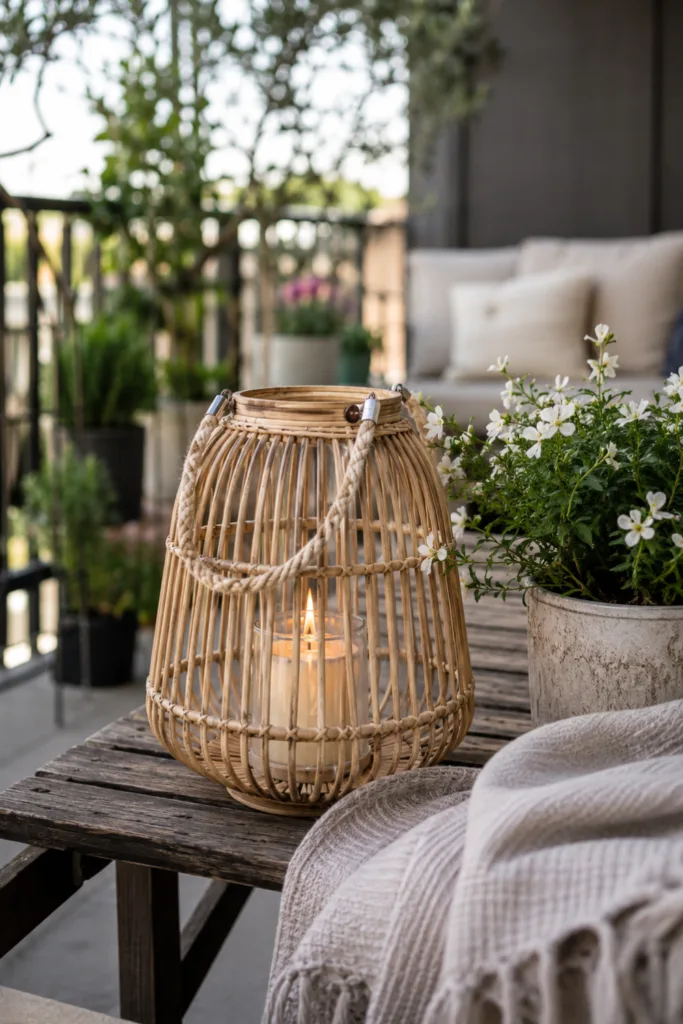 Großer Balkon im Mai mit saisonaler Deko, Laterne, Pflanzen und gemütlicher Sitzgruppe