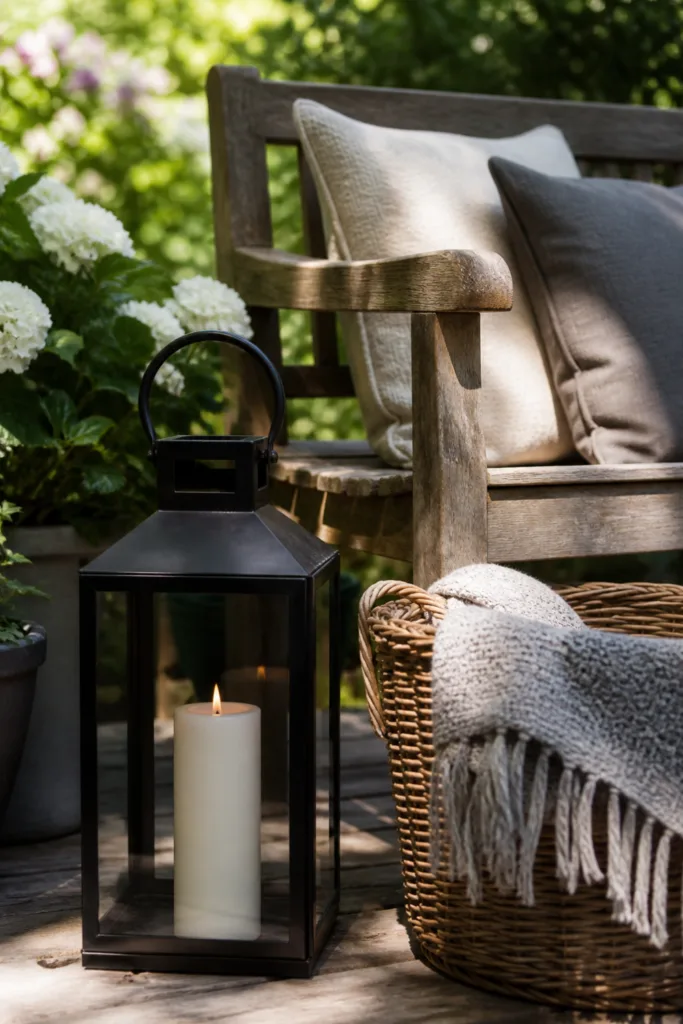 Gartenbank Deko im Mai mit Laterne, Korb und Kissen in natürlicher Gartenumgebung
