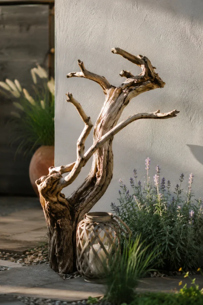 Gartendeko aus Ästen mit dekorativem Astobjekt in kahler Gartenecke neben Lavendel.