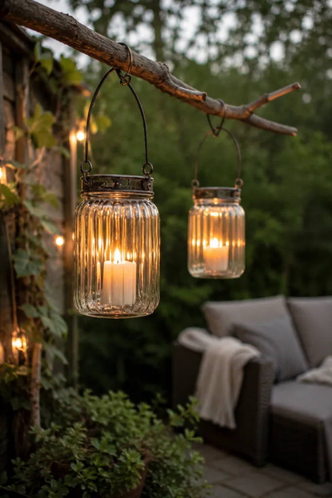 Gartendeko aus Ästen mit Windlichtern und natürlicher Beleuchtung auf gemütlicher Terrasse