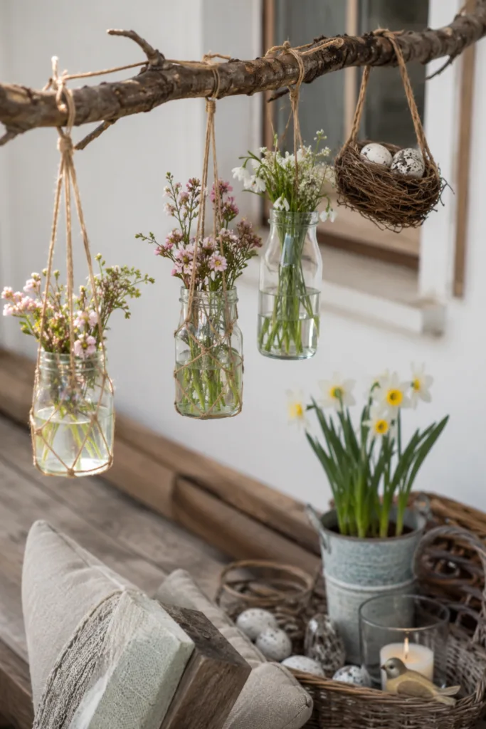 Saisonale Gartendeko aus Ästen mit Blumenvasen und natürlicher Frühlingsdeko auf der Terrasse