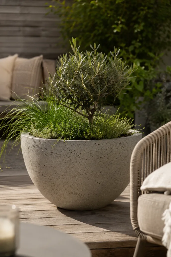 Große Betonschale als Gartendeko auf moderner Terrasse mit mediterraner Bepflanzung