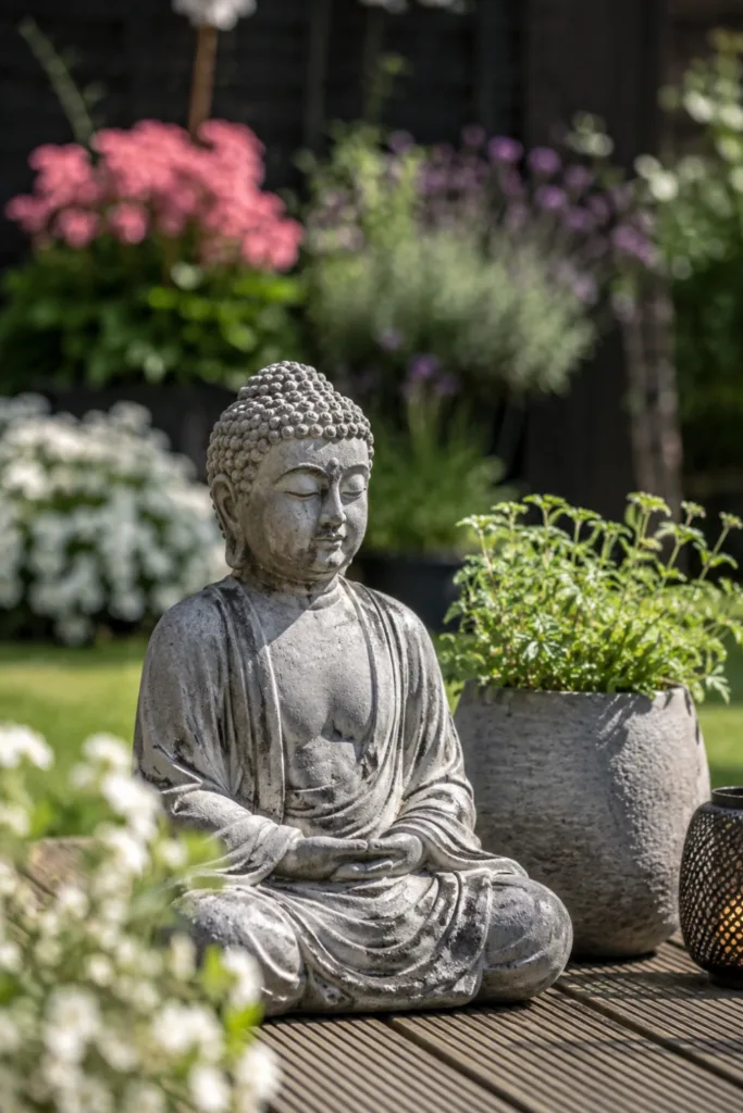 Gartendeko aus Beton mit Betonfigur zwischen Pflanzen auf moderner Terrasse