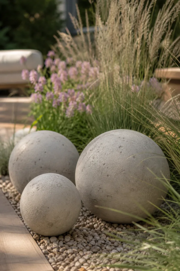 Gartendeko aus Beton mit großer Betonkugel zwischen Gräsern und Kies im modernen Garten.