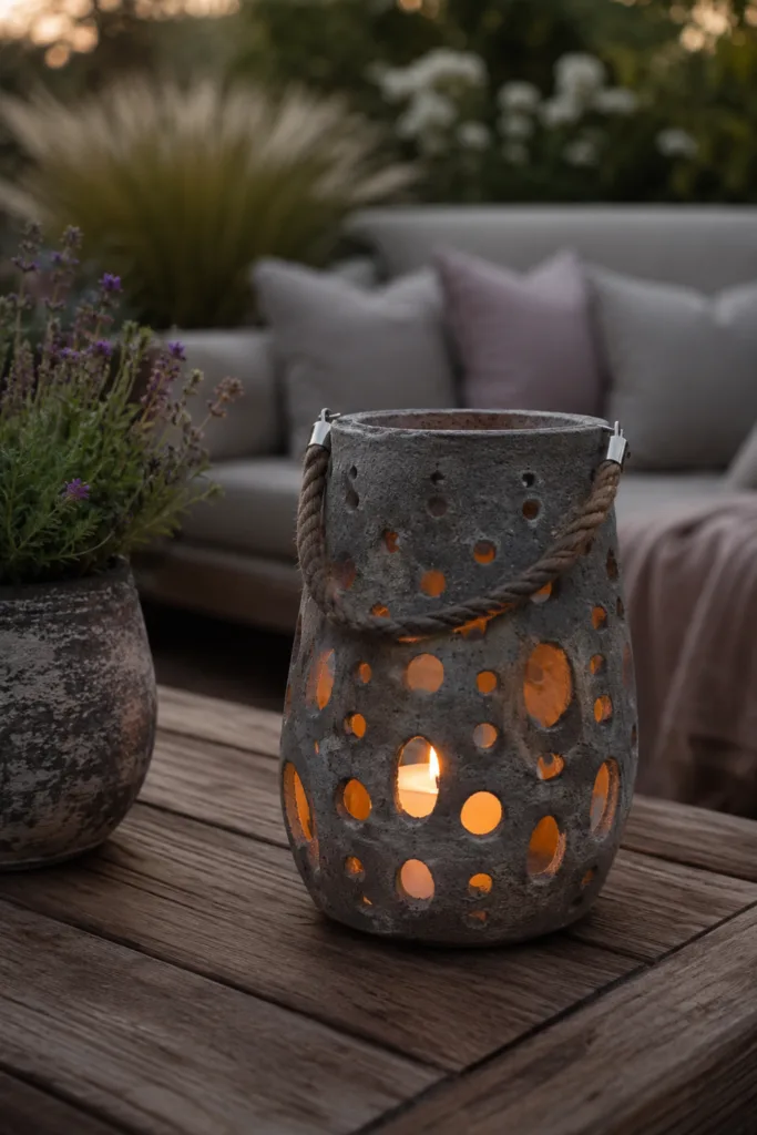 Gartendeko aus Beton mit Betonlaterne und Kerzenlicht auf gemütlicher Terrasse