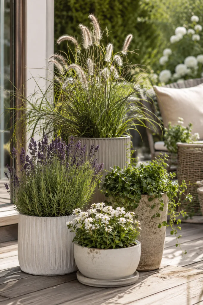Gartendeko mit Blumentöpfen in Gruppen auf moderner Terrasse mit Lavendel und Ziergras.