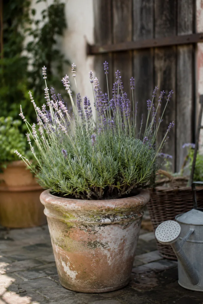 Gartendeko mit Blumentöpfen aus alter Terrakotta auf gemütlicher Terrasse mit Lavendel.